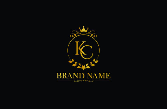 Luxury letter KC vector logo mark, elegant ornament monogram, Golden Initials K and C with crown