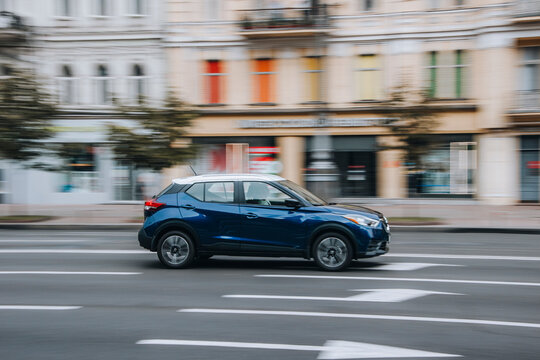 Ukraine, Kyiv - 2 June 2021: Blue Nissan Kicks Car Moving On The Street. Editorial