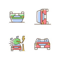 Motor vehicle collisions RGB color icons set. Rollover crash. Weather related damage. Automobile roof displacement. Isolated vector illustrations. Simple filled line drawings collection