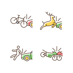 Traffic collision scenarios RGB color icons set. Bicycle crash. Colliding with wildlife. Hitting pedestrian. Motorcycles accident. Isolated vector illustrations. Simple filled line drawings collection