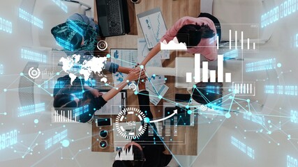 Conceptual vision of business people in the corporate staff meeting . Concept of digital technology for marketing data analysis and investment decision making .