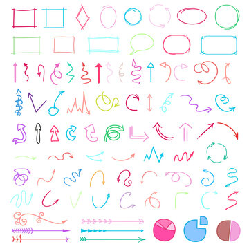 Set of colored infographic elements on isolated background. Big collection of different signs. Hand drawn simple elements. Shapes for inscriptions. Line art. Abstract circles, arrows and frames