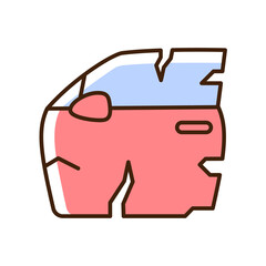 Broken car door RGB color icon. Road traffic accident. Door panel dents. Damaged auto body side. Deep scratches in vehicle exterior. Isolated vector illustration. Simple filled line drawing