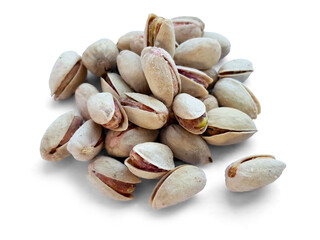 Heap of pistachio nuts isolated on white background