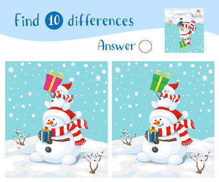Snowman with a bird. Illustration with two snowmen and snowfall. Find 10 differences. Educational game for children.