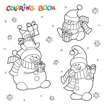 Coloring book or page, illustration. Vector card concept - Cute snowmen set for children coloring with a winter holiday theme