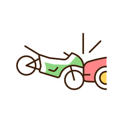 Collision with motorcycle RGB color icon. Dangerous situation for motorcyclist. Car accident. Head-on collision. Driver negligence. Isolated vector illustration. Simple filled line drawing