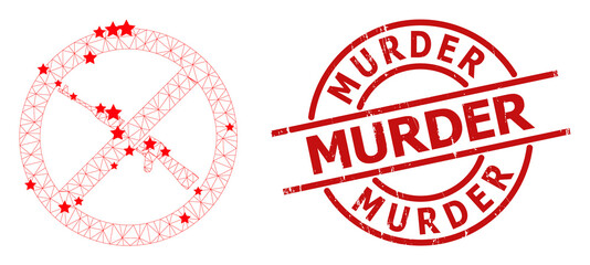 Forbid kalashnikov weapon star mesh and grunge Murder seal stamp. Red seal with distress style and Murder text inside round shape. Murder seal uses round form, red color.