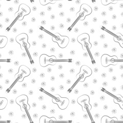 Seamless background with guitar and roses, black and white, line art.