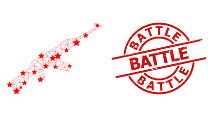 Kalashnikov gun star mesh and grunge Battle seal. Red seal with scratched surface and Battle text inside round shape. Battle stamp seal uses round form, red color.