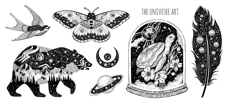 Tattoo art. Vector surreal astrology. Universe space tattoo print. Magic astronomy graphic with moon, star, moth, bear, swallow, turtle. Sketch boho mystic illustration. Vintage esoteric surreal art