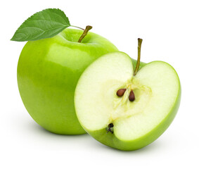 Fresh green apple fruit and halves with leaves isolated on white background.