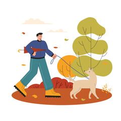 Man in sport clothes with umbrella walking with dog in the autumn park. Vector flat cartoon illustration