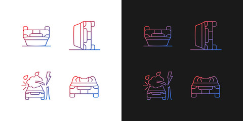Motor vehicle collisions gradient icons set for dark and light mode. Rollover crash. Thin line contour symbols bundle. Isolated vector outline illustrations collection on black and white