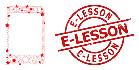 Smartphone star mesh net and grunge E-Lesson seal stamp. Red stamp with scratched surface and E-Lesson slogan inside round shape. E-Lesson stamp seal uses round shape, red color.