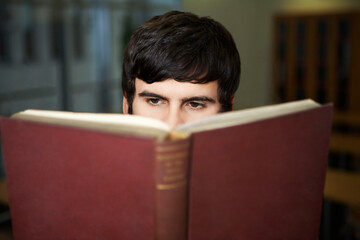 Close-up of student reading book in library