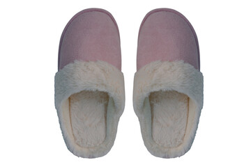 pink female house slippers with white fur isolated on white background, concept of comfortable shoes for rest, relax and life, taking care of healthy feet, sweet home