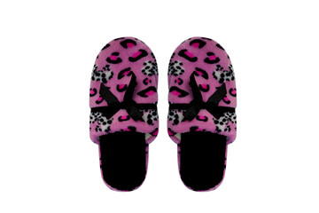 pink female house slippers with black bow isolated on white background, concept of comfortable shoes for rest, relax and life, taking care of healthy feet, sweet home