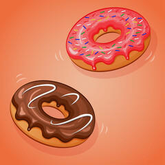 Donuts with pink icing, colored sprinkles and powdered sugar and with chocolate icing and a sugar strip on an orange background