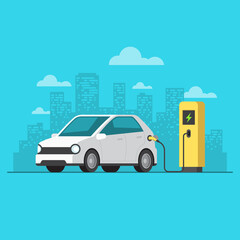 Electric car charging at station, EV car refueling power, Hybrid vehicles, Electricity energy consumption, Electromobility e-motion, Eco friendly concept, City background, Vector illustration