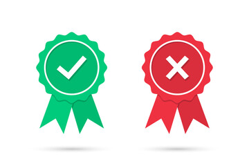 Check and cross medal icons in a flat design. Green approved and red rejected medal badge with shadow. Set of certified medal icons. Vector illustration