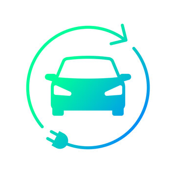Electric car icon with recycling rotation arrow and plug symbol, EV car, Green hybrid vehicles charging, Renewable clean energy sign, Eco friendly vehicle concept, Vector illustration