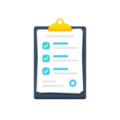 Clipboard with checklist document in a flat design. Checkmark document icon