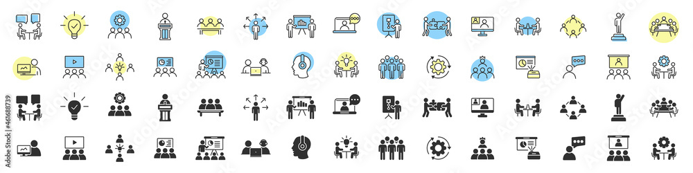 Poster business training and workshop excellent icons collection in two different styles