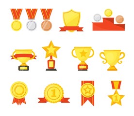 Golden, silver, bronze medals, cups and badges vector cartoon set. Winners trophies awards collection on white studio background. Championship, triumph, goal achievement concept. Prize design element.