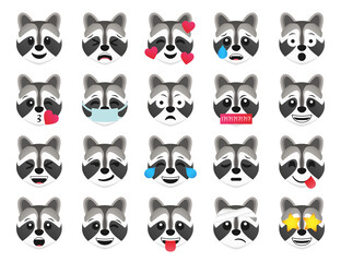 Racoon emoticon smile icons collection. Cartoon racoon emoji set. Vector emoticon set