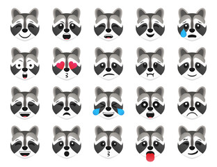 Racoon emoticon smile icons collection. Cartoon racoon emoji set. Vector emoticon set