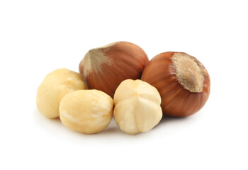 Tasty organic hazelnuts on white background. Healthy snack