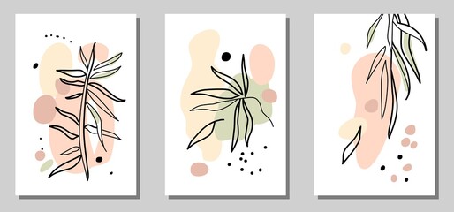 Set of abstract modern art posters on a white background. Illustrations with linear leaves, colored spots in light, pastel, earthy colors. Minimalistic vector backgrounds for print, cover and wall art