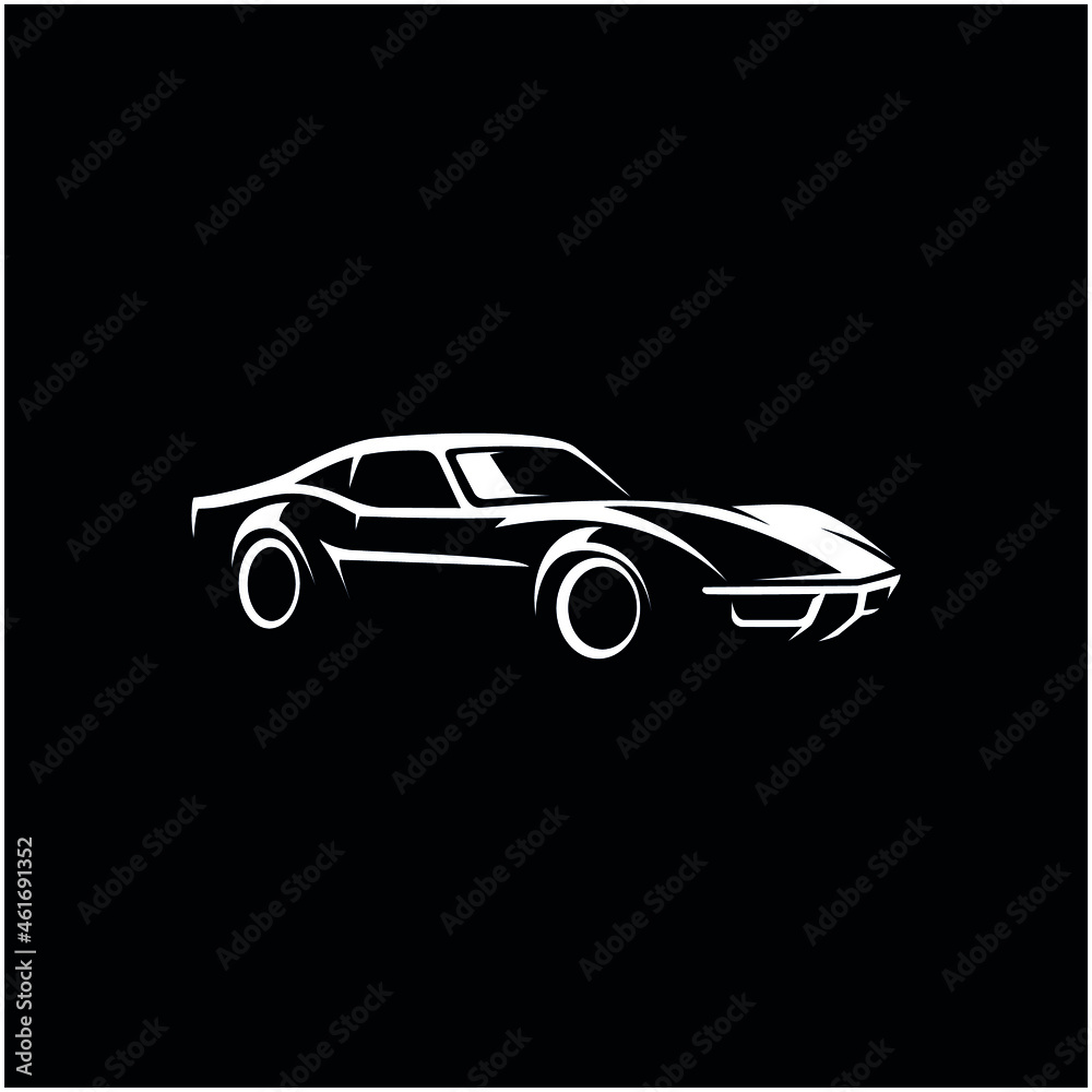 Poster Concept car Silhouette. Auto sports car showroom emblem design. Performance motor vehicle dealership logo style design on black background. Vector illustration.