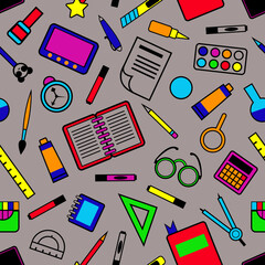 education. seamless pattern with school supplies. bright multicolored objects on a neutral gray background. vector illustration
