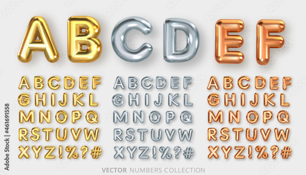 Wall mural Metallic gold, silver and bronze English alphabet. Sets of letters from A to Z. Vector illustration.