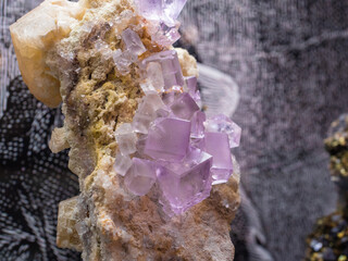 Session of precious minerals and rocks. Macro photo of Fluorite. Rocks and minerals exhibited in a...
