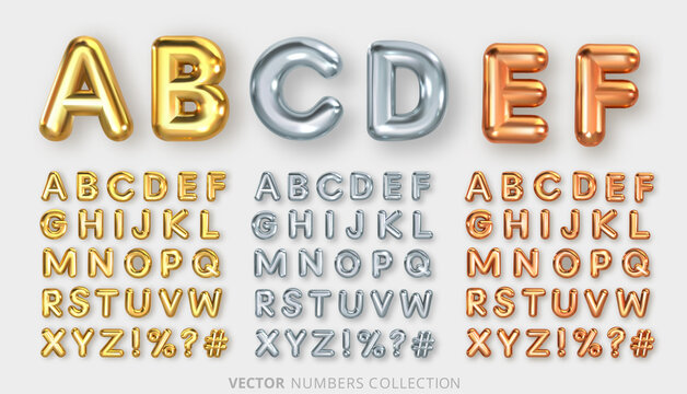 Metallic gold, silver and bronze English alphabet. Sets of letters from A to Z. Vector illustration.