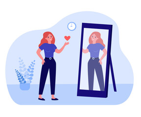 Woman looking in mirror and sending heart to reflection. Confident happy female character flat vector illustration. Self love and confidence concept for banner, website design or landing web page