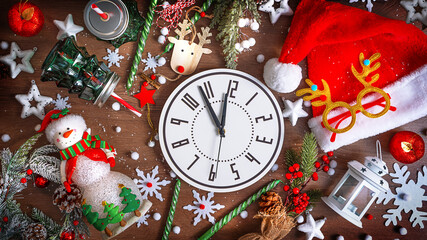 Christmas composition of Christmas decoration on Brown wooden background