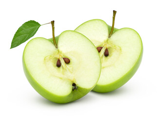 half fresh green apple fruit with leaves isolated on white background.