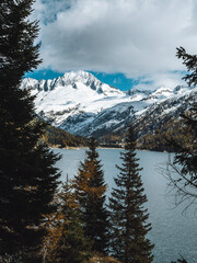 lake in winter mountain snow and trees