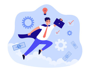 Motivated employee flying in sky like superhero. Happy businessman striving for business success. Goal achievement, innovation, breakthrough concept. Cartoon flat vector illustration.