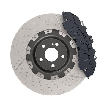 3D rendering of a brake disc assembly with an 8-piston aluminum caliper on a white background, close-up
