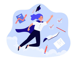 Woman student like superhero flying in sky. Smiling female excited about graduation. Future career, education success concept. Flat vector cartoon illustration, web page landing.