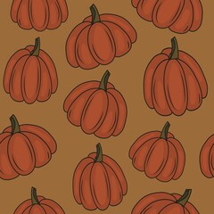 Pumpkin seamless pattern. Buy a pumpkin to celebrate and decorate for the Halloween holiday. Gift wrapping. Vector illustration for a postcard for All Saints' Day. Trick with a treat.