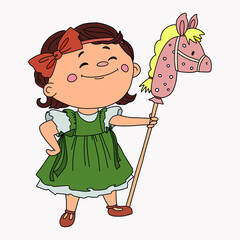 Little girl in cute dress and with horse toy. Vector illustration for postcard, banner, book.