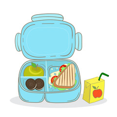School lunch box with sandwich, apple, biscuits and juice. Hand drawn vector illustration