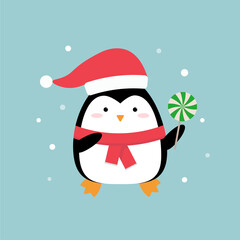 Cute cartoon penguin with a green lollipop