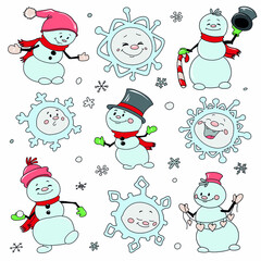 Set of vector hand-drawn Christmas characters snowmen in doodle style. Kind and cheerful snowmen and snowflakes. Christmas collection.